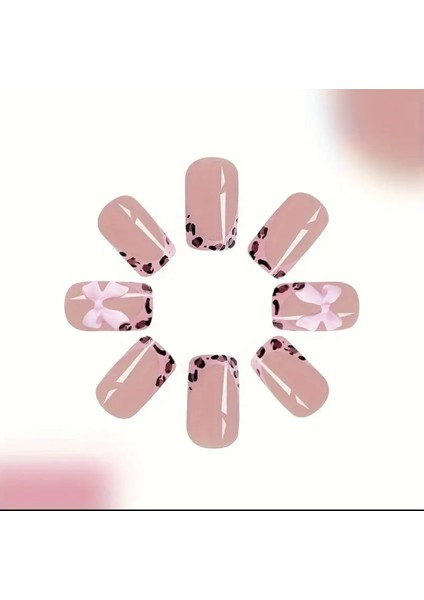 24'lü Silver Taş Işlemeli Pembe Leopar Desen Kısa Küt Model Takma Tırnak Seti modelleri