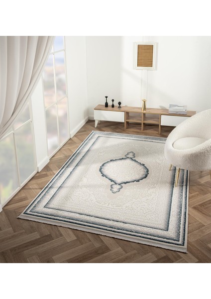 Feel FL001M Krem Halı Avangard Desenli Akrilik Tozu Az Pamuk Taban Salon Halısı Yatak Odası Koridor