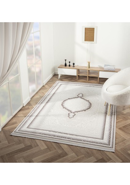 Feel FL001A Krem Halı Avangard Desenli Akrilik Tozu Az Pamuk Taban Salon Halısı Yatak Odası Koridor