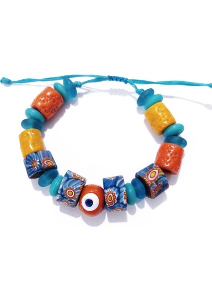 El Yapımı Bodrum Cam Nazar Turuncu Mavi Gana Krobo Cam Boncuklu Bileklik