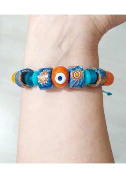 El Yapımı Bodrum Cam Nazar Turuncu Mavi Gana Krobo Cam Boncuklu Bileklik modelleri