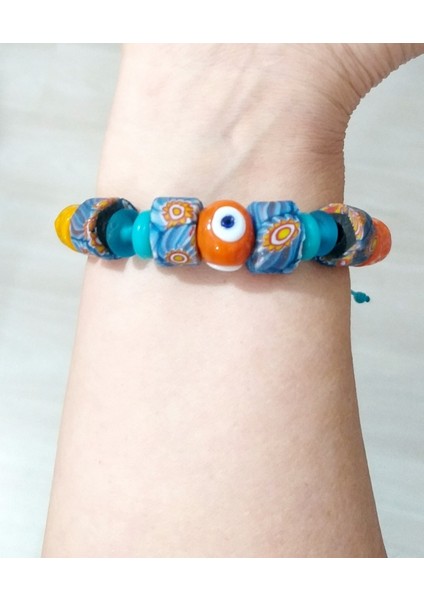 El Yapımı Bodrum Cam Nazar Turuncu Mavi Gana Krobo Cam Boncuklu Bileklik fırsatları