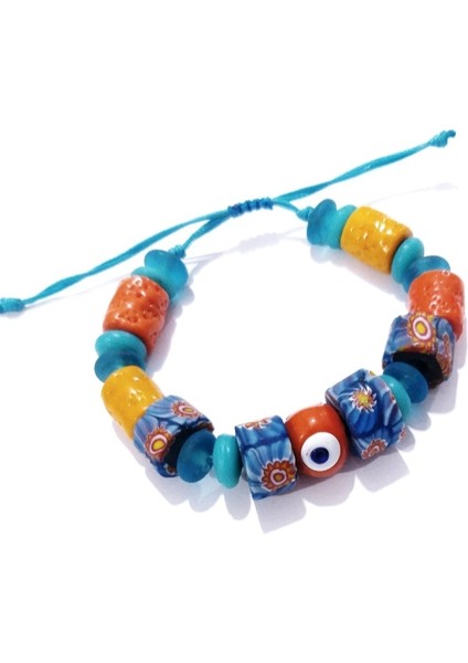 El Yapımı Bodrum Cam Nazar Turuncu Mavi Gana Krobo Cam Boncuklu Bileklik indirimleri