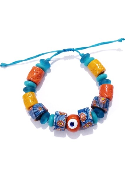 El Yapımı Bodrum Cam Nazar Turuncu Mavi Gana Krobo Cam Boncuklu Bileklik