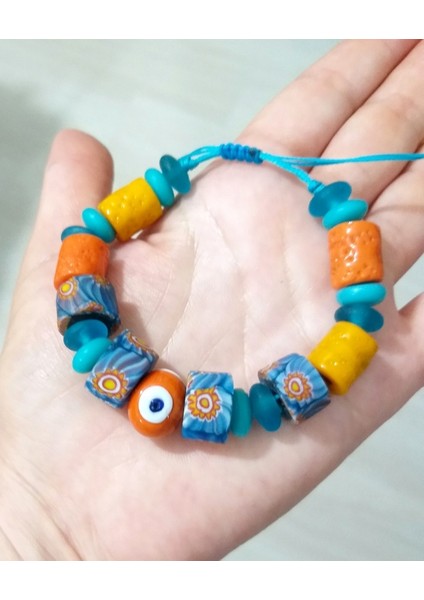 El Yapımı Bodrum Cam Nazar Turuncu Mavi Gana Krobo Cam Boncuklu Bileklik