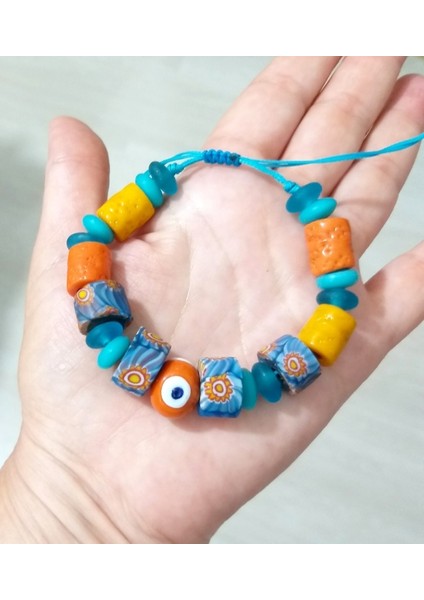 El Yapımı Bodrum Cam Nazar Turuncu Mavi Gana Krobo Cam Boncuklu Bileklik