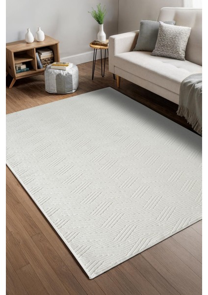 Myra Beyaz Yıkanabilir Kaymaz Taban Bambu Yumuşak Dokulu Kesme Halı Mutfak Salon Koridor Halısı