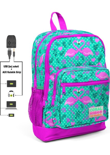 Kids Dört Bölmel Flamingo Desenli Ilkokul Çantası USB Şarjlı Kulaklık Çıkışlı 23812
