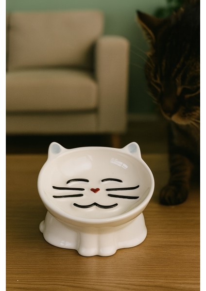 Sevimli Kedi Yüzü Tasarımlı Seramik Mama ve Su Kabı
