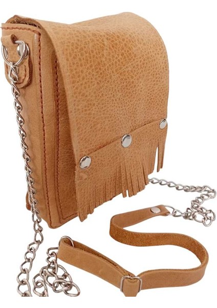 Bayan Çanta Hakiki Deri Taba/Sarı El Dikişli Zincir ve Deri Askılı Ayarlamalı Dik Model Omuz Çantası Ççd1-5