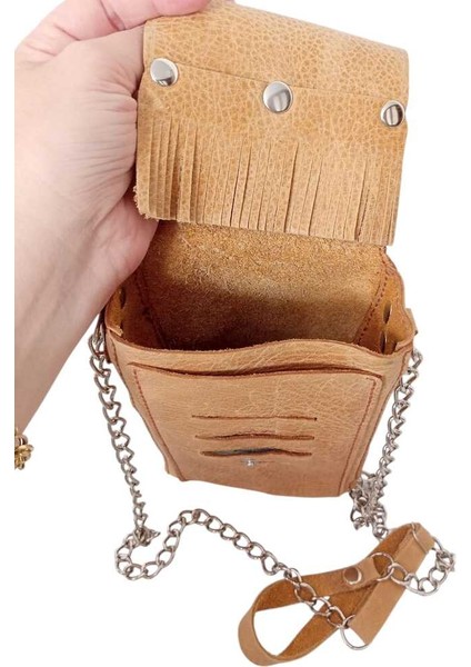 Bayan Çanta Hakiki Deri Taba/Sarı El Dikişli Zincir ve Deri Askılı Ayarlamalı Dik Model Omuz Çantası Ççd1-5 fırsatları