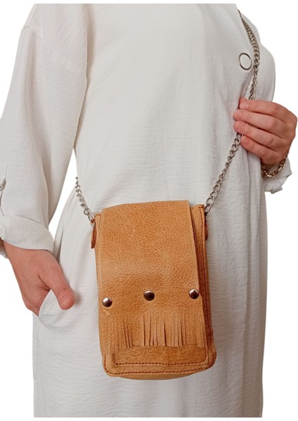 Bayan Çanta Hakiki Deri Taba/Sarı El Dikişli Zincir ve Deri Askılı Ayarlamalı Dik Model Omuz Çantası Ççd1-5