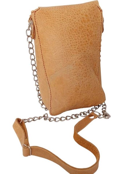 Bayan Çanta Hakiki Deri Taba/Sarı El Dikişli Zincir ve Deri Askılı Ayarlamalı Dik Model Omuz Çantası Ççd1-5