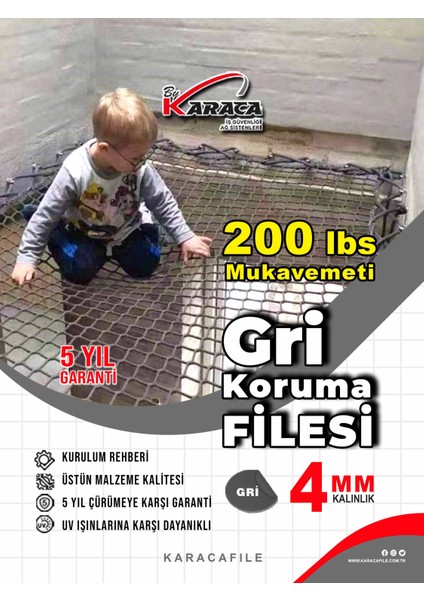 Gri Güvenlik File– 1,5 M Yükseklik | Metreyle Kesim | 4 mm Ip, 5x5 cm Göz Aralığı + Montaj Aparatları