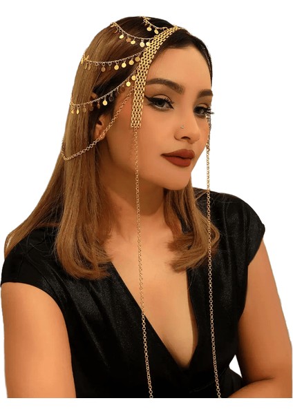 Arap Kafa Takı Altın Alaşım Para Püskül Püskül Kafa Baş Bant Kadınlar Gelin Headdress Düğün Aksesuarları Metal Renk: FD030 (Yurt Dışından)