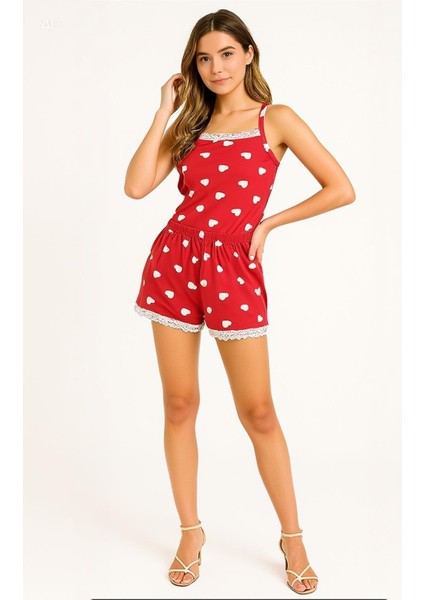 Kadın 6020 Desenli Şortlu Takım Kırmızı