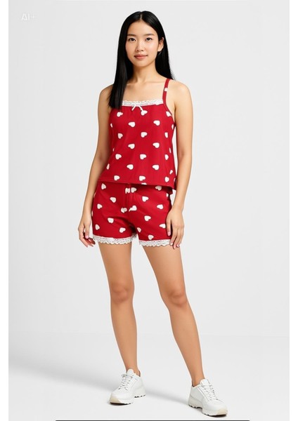 Kadın 6020 Desenli Şortlu Takım Kırmızı fiyatları