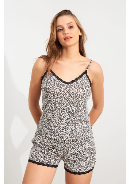 Kadın Ekru-Taş Dantel Detaylı Leopar Pijama Takımı SAN102 fiyatları