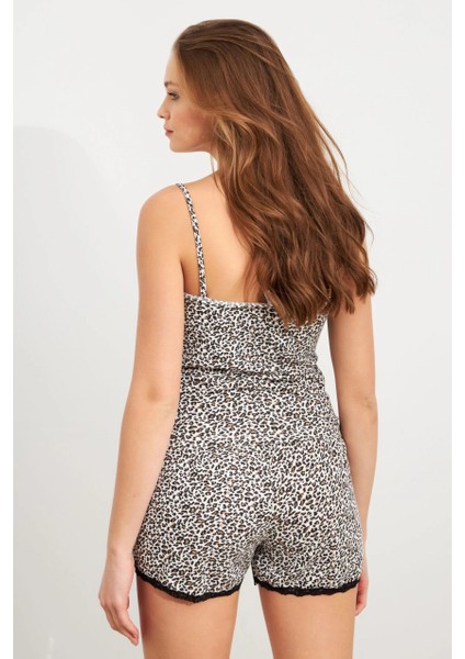 Kadın Ekru-Taş Dantel Detaylı Leopar Pijama Takımı SAN102 modelleri