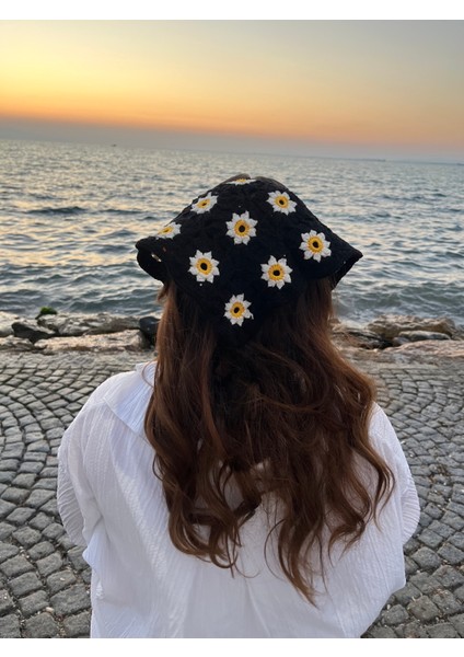 Örgü Bandana, Papatyalı Bandana, Saç Bandı, Örgü Saç Bandı