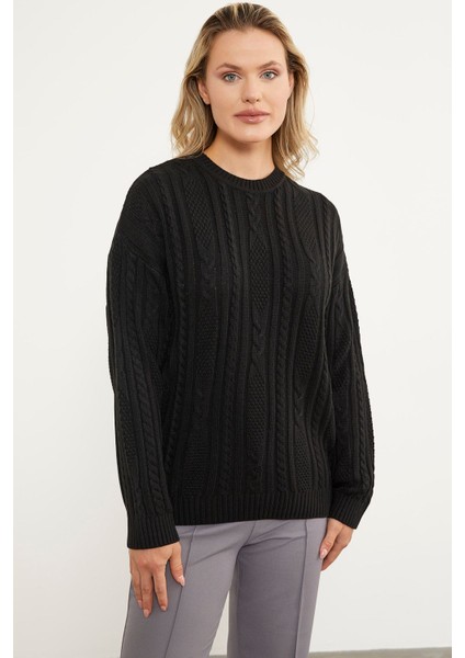 Saç Örgü Detaylı Basic Triko Kazak - Kırmızı