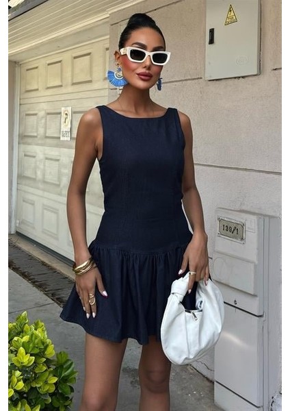 Balon Etekli Tensel Mini Elbise 2887