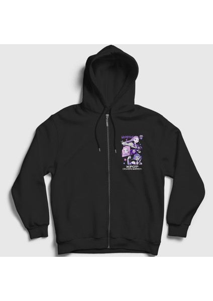 Unisex Siyah Poster K Pop Demon Hunters Fermuarlı Kapüşonlu Sweatshirt