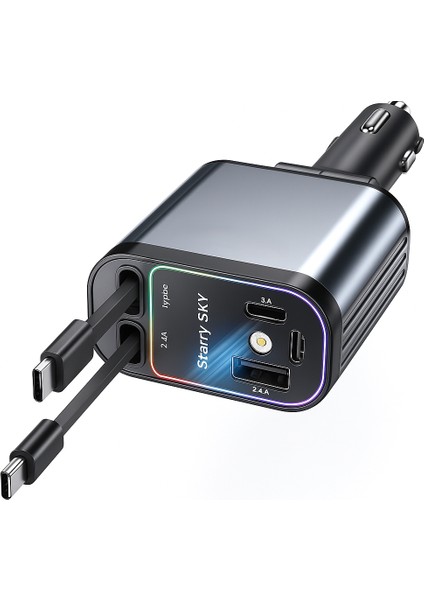 4 In 1 Geri Çekilebilir Araç Şarj Cihazı Starlight Araba Çatı Yıldız Gece Lambası Çift Araç Şarj Adaptörü