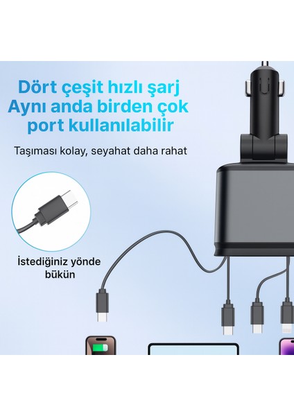 4 In 1 Geri Çekilebilir Araç Şarj Cihazı Starlight Araba Çatı Yıldız Gece Lambası Çift Araç Şarj Adaptörü fiyatları