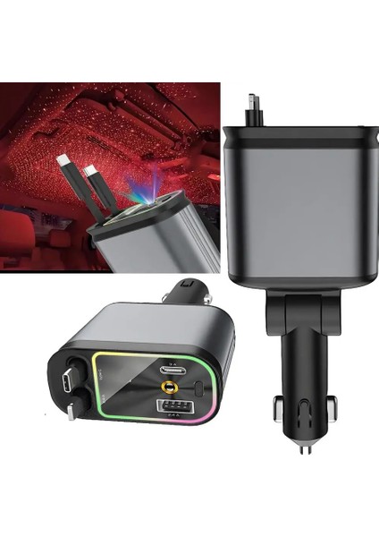 4 In 1 Geri Çekilebilir Araç Şarj Cihazı Starlight Araba Çatı Yıldız Gece Lambası Çift Araç Şarj Adaptörü