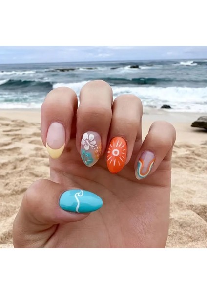 24'lü Renkli Dijital Baskı Detaylı Uzun Badem Model Takma Tırnak Seti