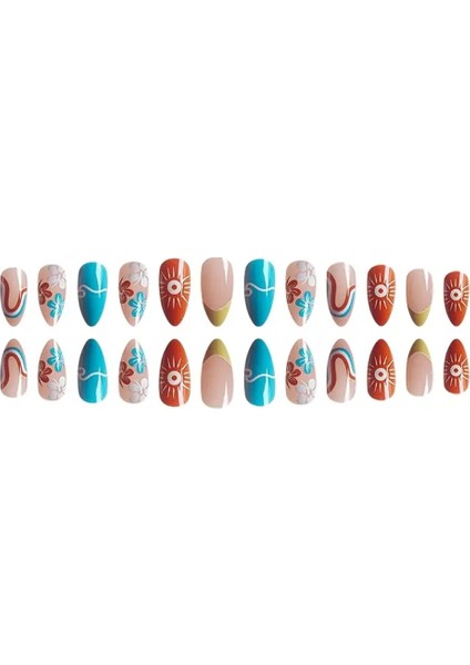 24'lü Renkli Dijital Baskı Detaylı Uzun Badem Model Takma Tırnak Seti fiyatları