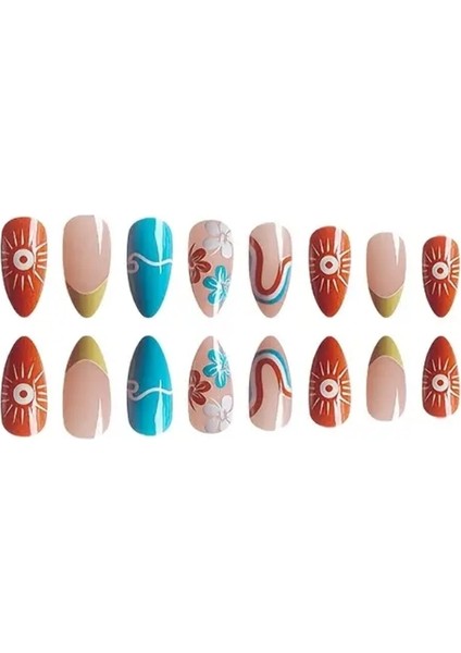 24'lü Renkli Dijital Baskı Detaylı Uzun Badem Model Takma Tırnak Seti modelleri