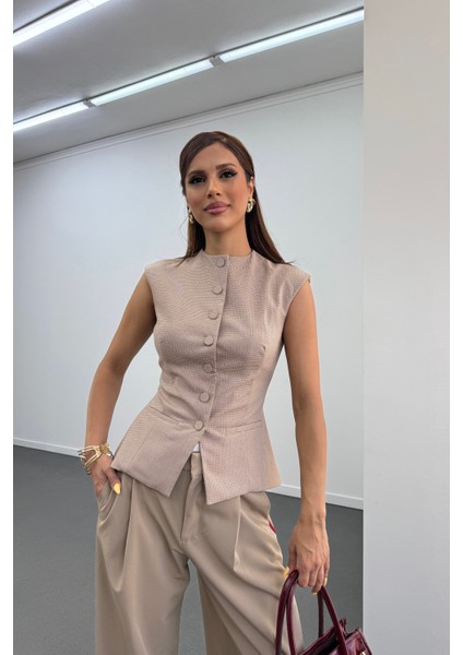 Sadire Bej Potikareli Bisiklet Yaka Yelek modelleri