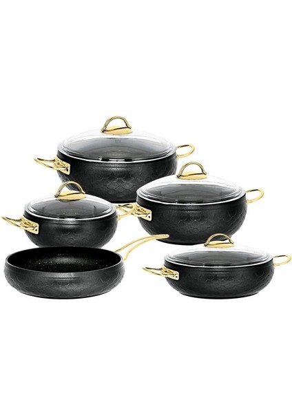 Espela - 3545 - 9 Parça - Bio Granit -Tencere, Tava, Çeyiz Seti, Siyah Renk - Gold Detay