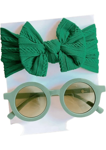 2 Pcs/set Yeni Çocuklar Düz Renkli Pamuklu Bowknot Geniş Saç Bandı Yuvarlak Güneş Gözlüğü Seti Kız Kız Güneş Gözlüğü Çocuk Saç Aksesuarları Renk: Yeşil (Yurt Dışından)