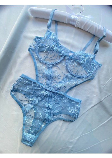 Elysa Bodysuıt-Buz Mavisi Çiçek Dantel Detaylı fiyatları