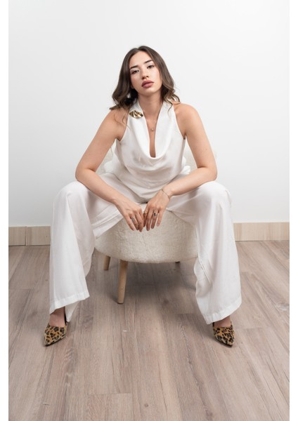 Tencel Kumaş Hafifliği Degaje Yaka Detay ve Bol Paça Pantolon Takım 1227