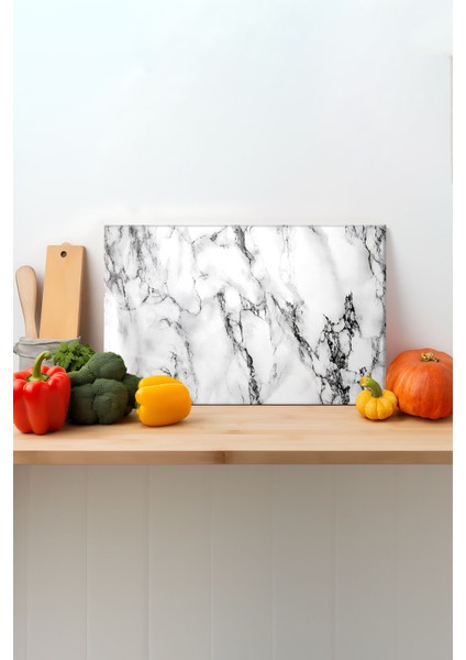 Mermer Görünümlü Cam Kesme Tahtası, Silikon Ayaklı, Sunum Kesim Doğrama Tablası, Temperli ve Rodajlı