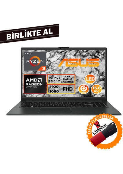Vivobook Go 15 Ryzen 3 7320U 8gb 512GB SSD 15.6" Fhd W11P + 128 GB Flash Disk E1504FA-NJ097 026
