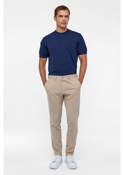 Bej Slim Fit Desenli Kumaş Pantolon