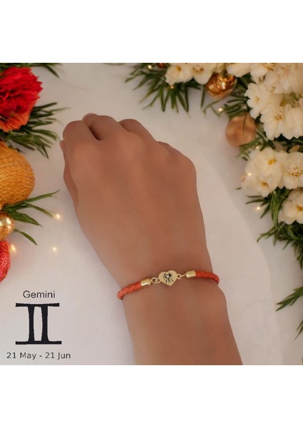 Altın Plakalı 14 Ayar Ikizler Burçlarına Özel Turuncu Derili Kalp Figürlü Hediye BILEKLIK-434BURÇ