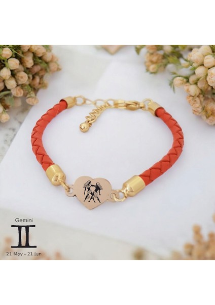 Altın Plakalı 14 Ayar Ikizler Burçlarına Özel Turuncu Derili Kalp Figürlü Hediye BILEKLIK-434BURÇ fiyatları
