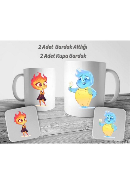 Ateş ve Su Kupa Bardak ve Altlığı Kupa Çift Kupaları 4'lü Set Sevgili Kupa