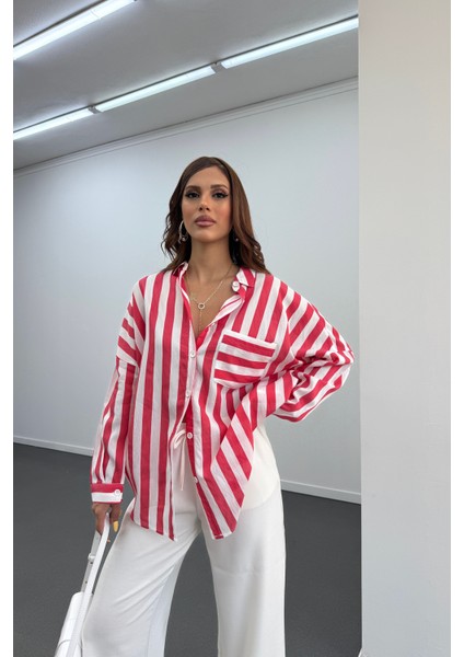 Farva Kırmızı Çizgili Oversize Gömlek indirimleri