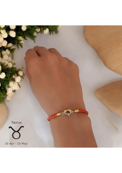 14 Ayar Plakalı Altın Boğa Burçlarına Özel Kalp Figürlü Turuncu Derili Hediye BILEKLIK-434BURÇ