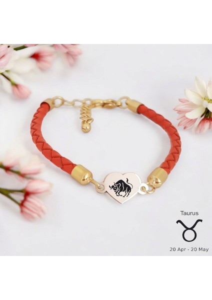 14 Ayar Plakalı Altın Boğa Burçlarına Özel Kalp Figürlü Turuncu Derili Hediye BILEKLIK-434BURÇ fiyatları