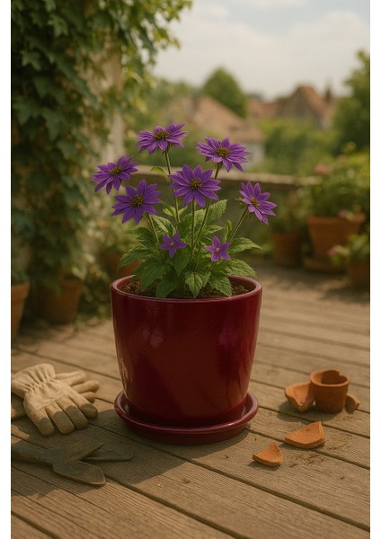 Tabaklı Bordo Silindir Çömlek Saksı 22X22 cm