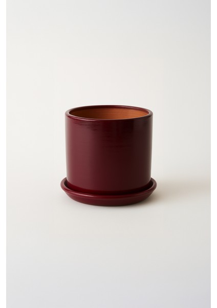 Tabaklı Bordo Silindir Çömlek Saksı 22X22 cm fiyatları