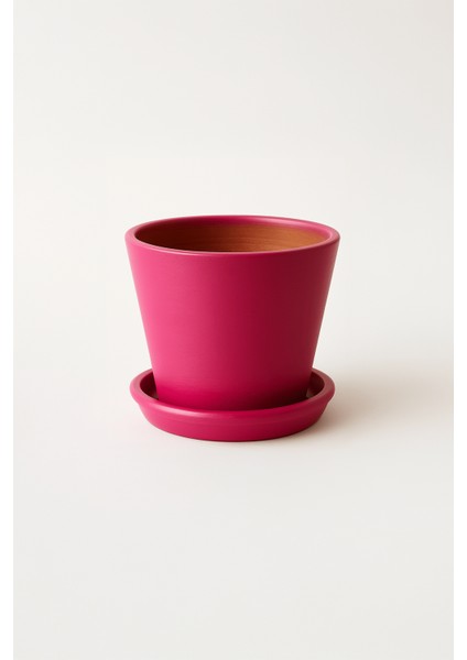 Tabaklı Pembe Konik Çömlek Saksı 23X23 cm